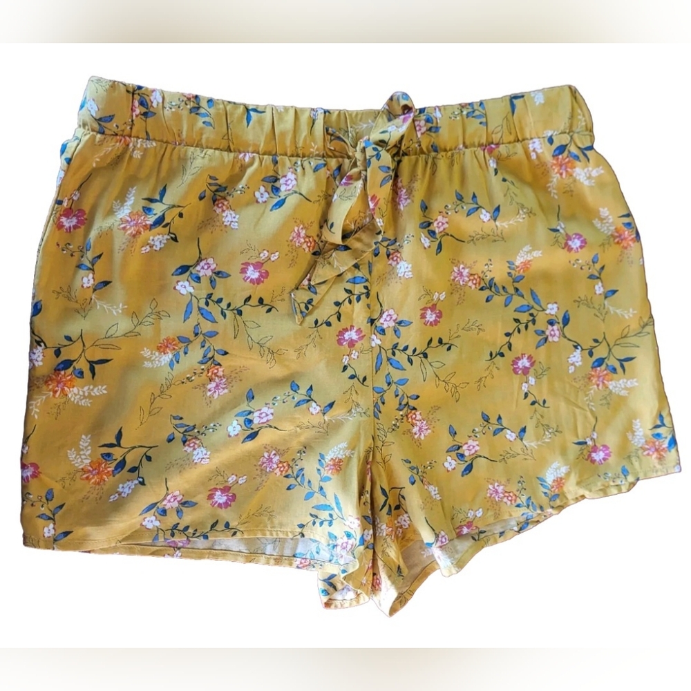 New Pink Rose Mustard Yellow Drawstring Floral Shorts Juniors Size XL NWT